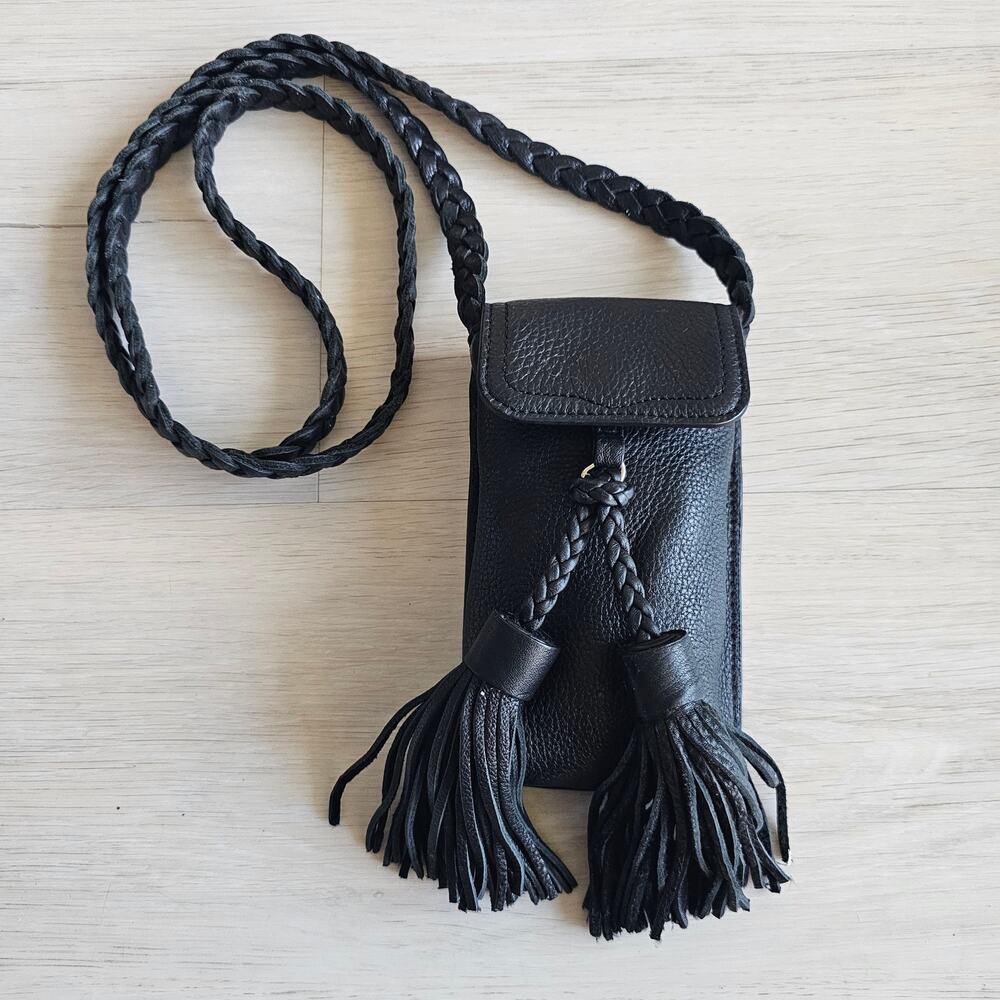 REBECCA MINKOFF Isobel Leather Phone Crossbody Bag Purse Fringe Tassel Black
